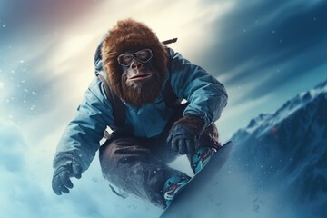 A man wearing a gorilla suit is seen snowboarding down a slope. This image can be used to depict a fun and playful winter activity