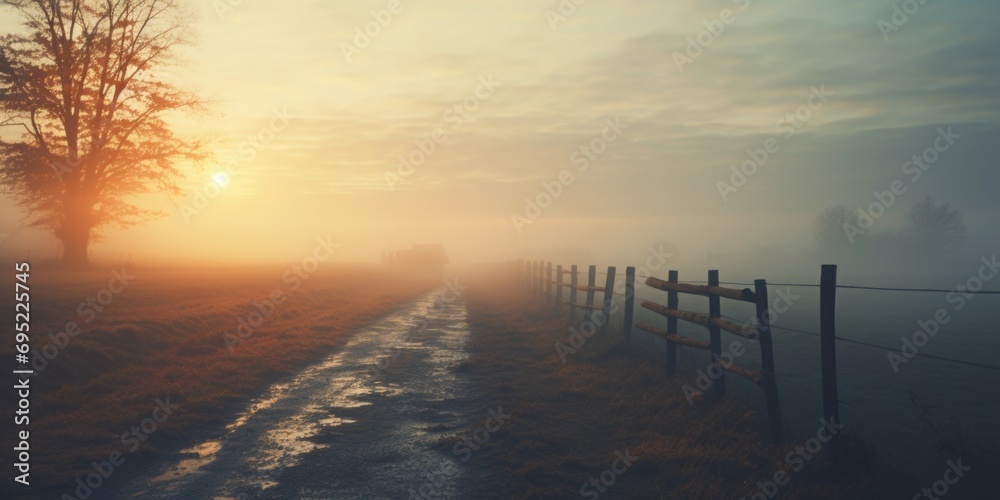 Poster a misty field with a fence in the foreground. suitable for nature and landscape themes