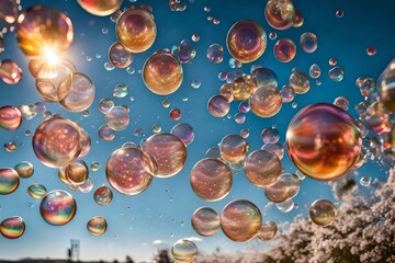 Prismatic bubbles refracting a dreamlike scene suspended in mid-air.