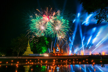 Beautiful Firework scene light color Sukhothai Co Lamplighter Loy Krathong Festival party at The...