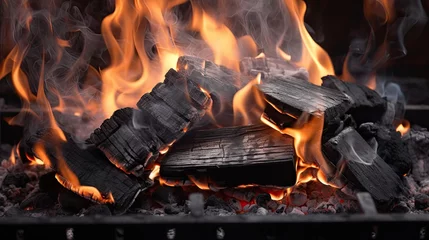 Zelfklevend Fotobehang Bright burning black coals on an iron © paisorn