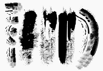 Set of Black ink vector stains. Grunge brush collection