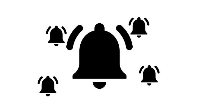 Zoom in and out animation the bell symbol. Large black symbol in the center and four small symbols around. Seamless looped 4k animation on white background