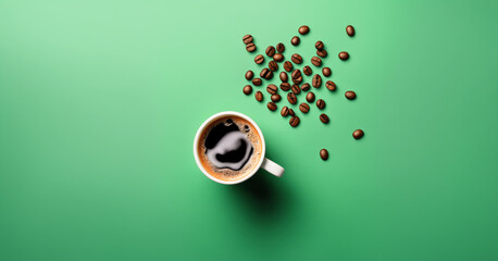 cup of coffee and beans in green background