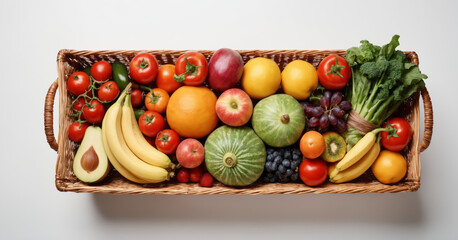 Fresh Healthy food in basket. Studio photography of different fruits and vegetables isolated on a white backdrop, top view