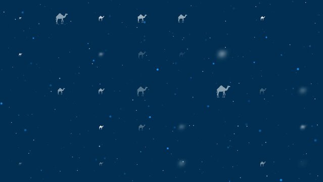 Template animation of evenly spaced camel symbols of different sizes and opacity. Animation of transparency and size. Seamless looped 4k animation on dark blue background with stars