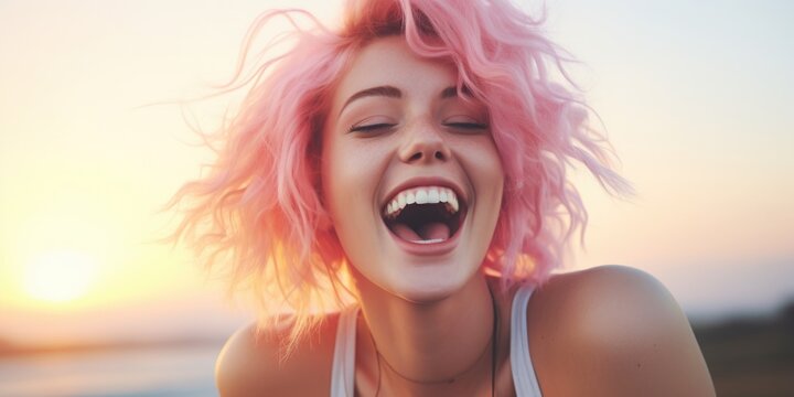 A woman with pink hair laughing at the camera. This image can be used to portray joy and happiness in various contexts