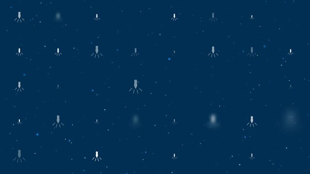 Template animation of evenly spaced garland light bulb symbols of different sizes and opacity. Animation of transparency and size. Seamless looped 4k animation on dark blue background with stars