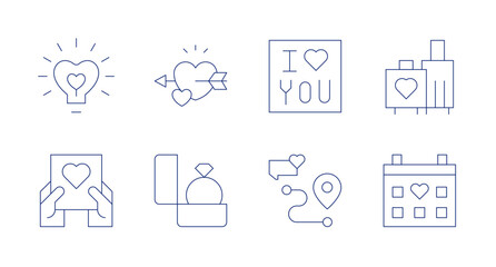 Valentine's Day icons. Editable stroke. Containing idea, card, fall in love, proposal, love message, location, honeymoon, calendar.