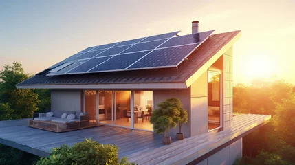 Fotobehang Luxury new house with solar panel system on rooftop. Renewable energy or eco green energy and smart home concept. Generative AI © Alpa