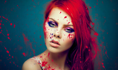 Vibrant artistic portrait of a young red-haired woman with a splattered paint effect across her face and hair