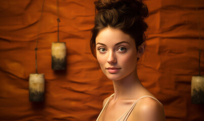 Serene Young Woman with Updo Hairstyle Against Rustic Orange Textured Background, Expressive...