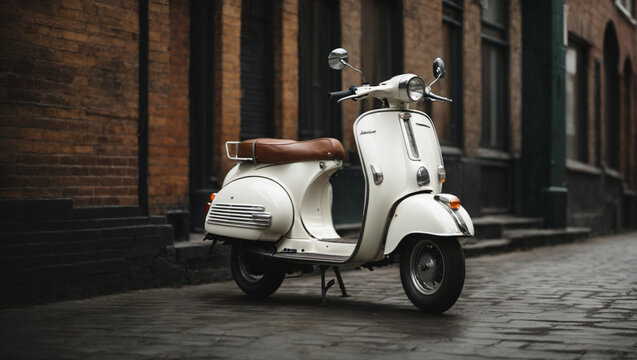 White vintage scooter against the background of a black brick wall. generative AI