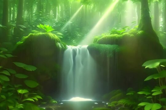 Dreamy ethereal waterfall on the forest Generative AI. Virtual video scene animated background