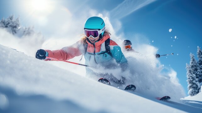 A woman is seen skiing down a snow-covered slope. This image can be used to depict winter sports and outdoor activities