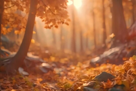 Realistic forest in autumn Generative AI. Virtual video scene animated background