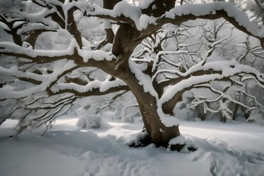 Realistic winter tree covered with snow Generative AI. Virtual video scene animated background
