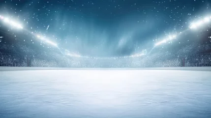 Fotobehang A winter scene of an ice hockey rink covered in snow, illuminated by bright lights. Perfect for sports and winter-themed projects © Fotograf