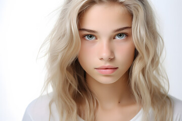 Portrait of pretty teenage girl with green eyes and blond long hair in front of white background