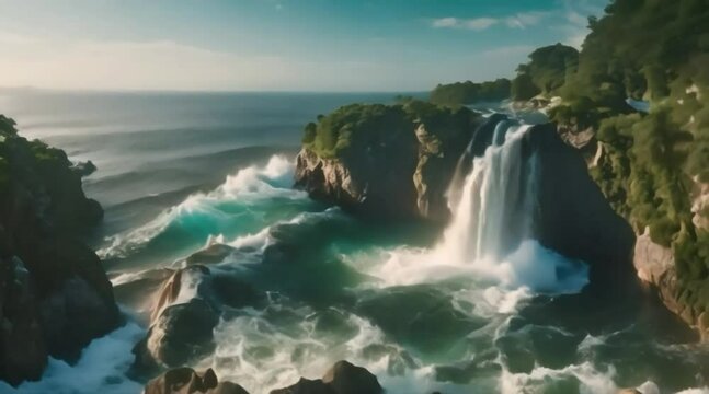 waterfall on ocean Generative AI. Virtual video scene animated background