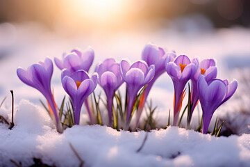 Purple blooming crocus spring flowers growing between snow during late winter or early spring