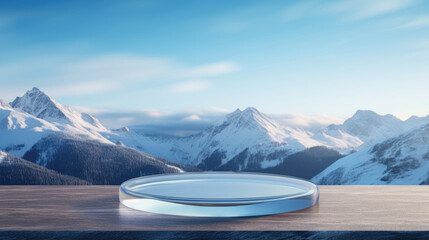 transparent Glass round podium with snow mountain, winter podium stage, empty Round showcase for product presentation, promotion sale,cosmetic products,banner,Abstract display or showcase. 