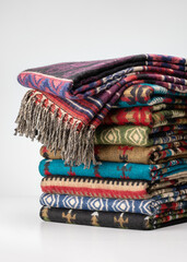 Neatly folded, a stack of cashmere stoles, shawls, scarves of different colors. Women's accessory, gift souvenir, isolated.