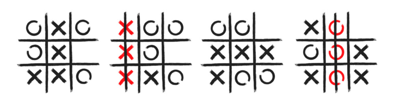 Tic tac toe xo game hand drawn grid doodle template vector illustration set isolated on white background