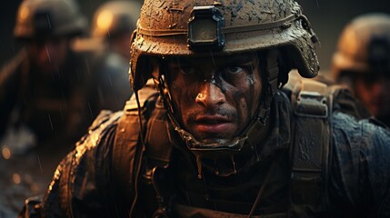 Picture of us Marines in combat uniform, running across the desert at dusk - obrazy, fototapety, plakaty