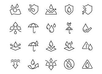 Set of Waterproof Related Vector Line Icons. Contains such Icons as Drop Warning, Moisture Resistant Textile, Allowed to wash under water and more. Editable Stroke. - obrazy, fototapety, plakaty