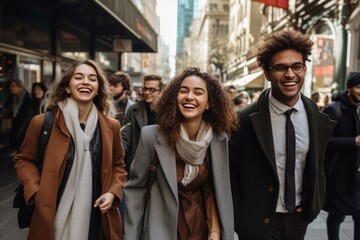 Obraz premium a group of young cheerful office business workers young professionals or students interns wearing suits and walking down the busy street with skyscrapers