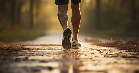 Back view of unrecognizable male legs running. Male feet jogging