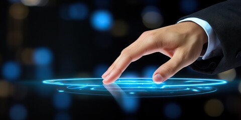Education, entertainment, learning, technology concept - man using interactive touchscreen display of electronic kiosk at modern museum or exhibition - scrolling and touching - side close up view	