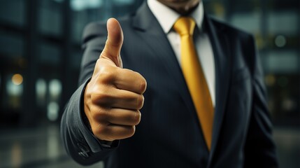 Closeup of man show thumb up for positive customer satisfaction feedback. Good result, win, and success working concept.