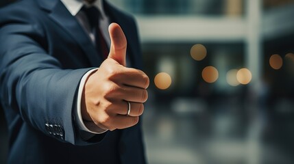 Closeup of man show thumb up for positive customer satisfaction feedback. Good result, win, and success working concept. - obrazy, fototapety, plakaty