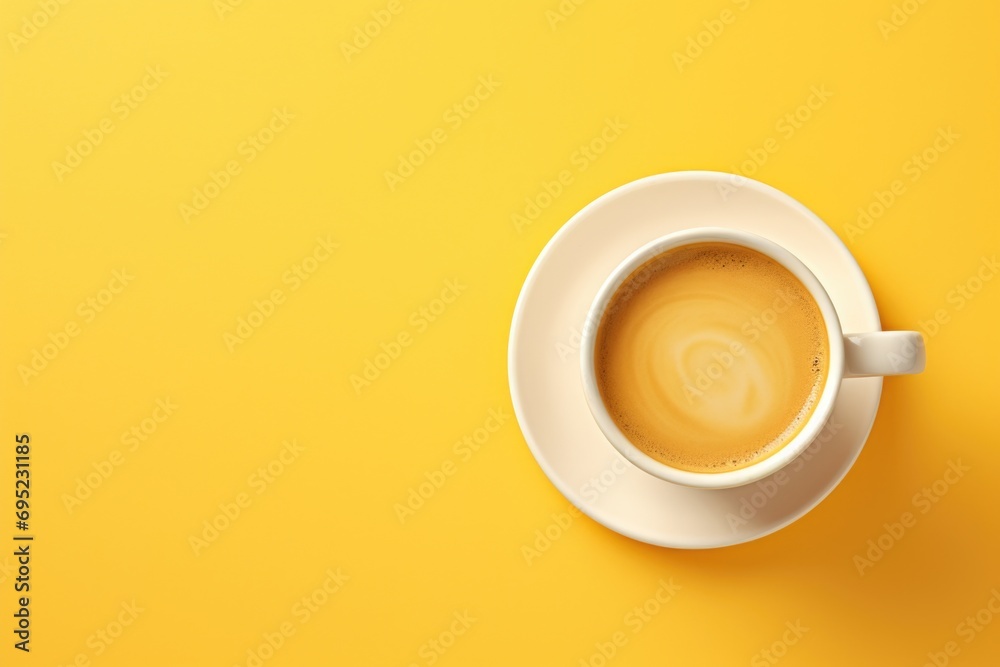 Poster A simple and minimalistic image of a cup of coffee placed on a bright yellow surface. This versatile image can be used in various design projects, blogs, articles, and social media posts