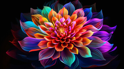 Colorful flower in neon colors on black background.