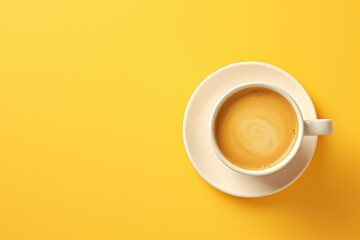 A simple and minimalistic image of a cup of coffee placed on a bright yellow surface. This versatile image can be used in various design projects, blogs, articles, and social media posts