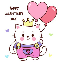 valentine cat cute cartoon holding heart balloons (kitten playing). Series: love festival kawaii animals