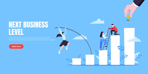 Businesswoman jumps pole vault over graph bars flat style design vector illustration. - obrazy, fototapety, plakaty