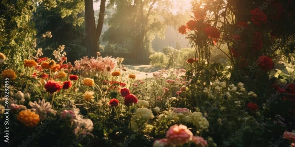 Wall mural Sun shining through the trees and flowers. Perfect for nature and garden-related designs