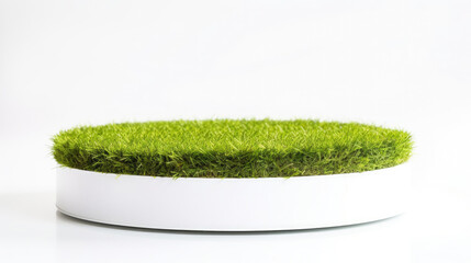 natural Green moss empty round podium on white background. empty Round showcase for product presentation, promotion sale,cosmetic products,banner,.Abstract display or showcase. 