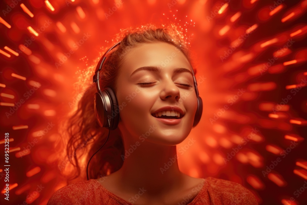 Aufkleber a woman with headphones is singing into a microphone. this image can be used for music-related proje