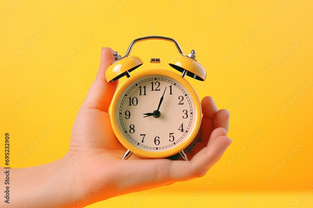 Poster a person holding a yellow alarm clock. perfect for illustrating time management and punctuality.
