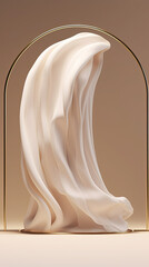 Beige podium with Silk cloth in motion. Gold arch frame for Beauty, product, cosmetic presentation. Feminine scene with pedestal.