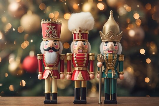 Three wooden nutcrackers sitting side by side. Ideal for holiday decorations or festive themed projects