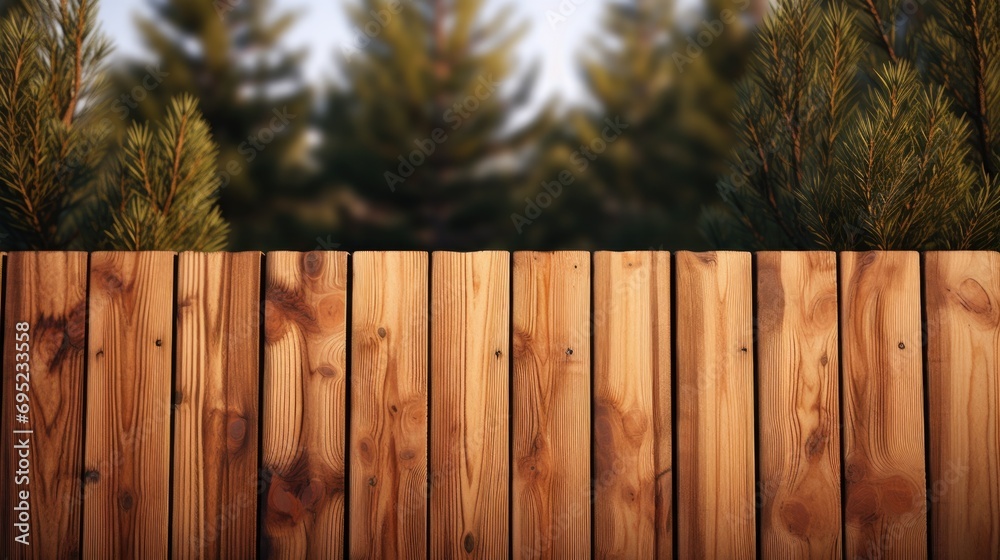 Aufkleber A picture of a wooden fence with a backdrop of pine trees. Ideal for adding a rustic touch to various projects