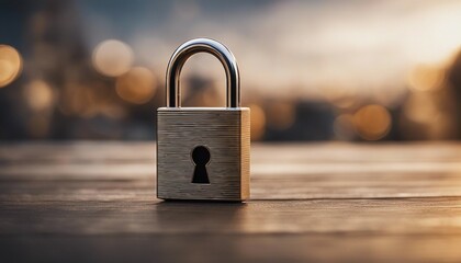 Fototapeta premium Locked padlock on wooden table in front of blurred background.