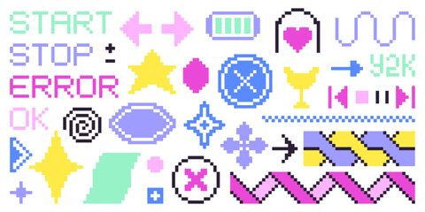 2000s pixel aesthetic nostalgia figure set. Collection of simple shapes in y2k style.
