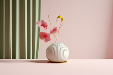  natural brown podium with simple and elegant vase with a beautiful flower sitting on a table on pastel background.  for product presentation, promotion sale,cosmetic products